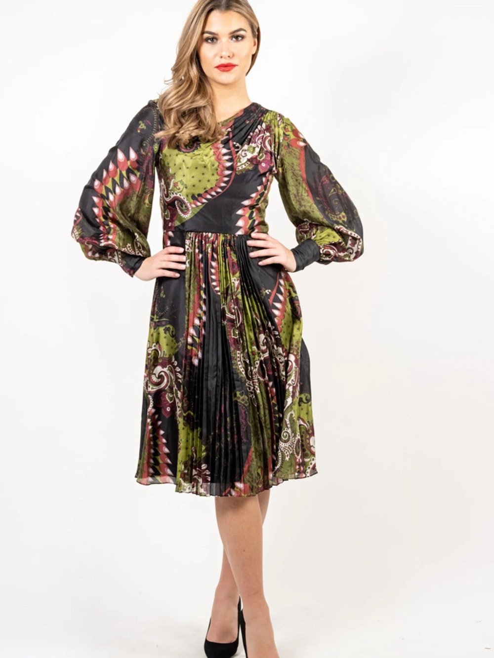 Cenia New York Silk Dress Asymmetric Neckline Pleated A-line Dress Size 8 Womens